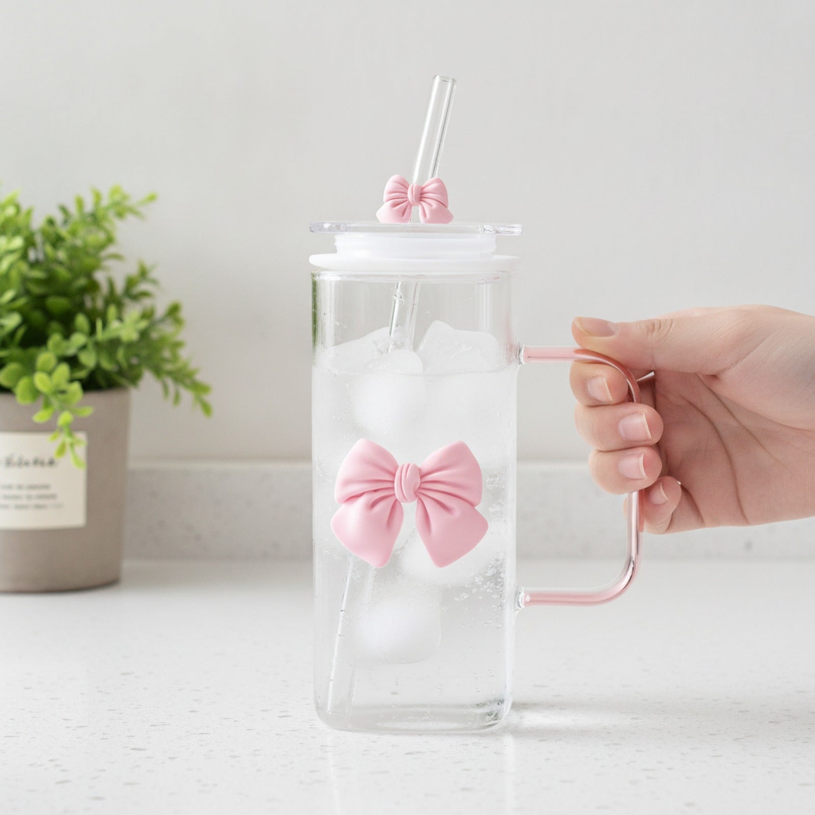 Gobelet Verre Papillon 400mL Paille Poignée