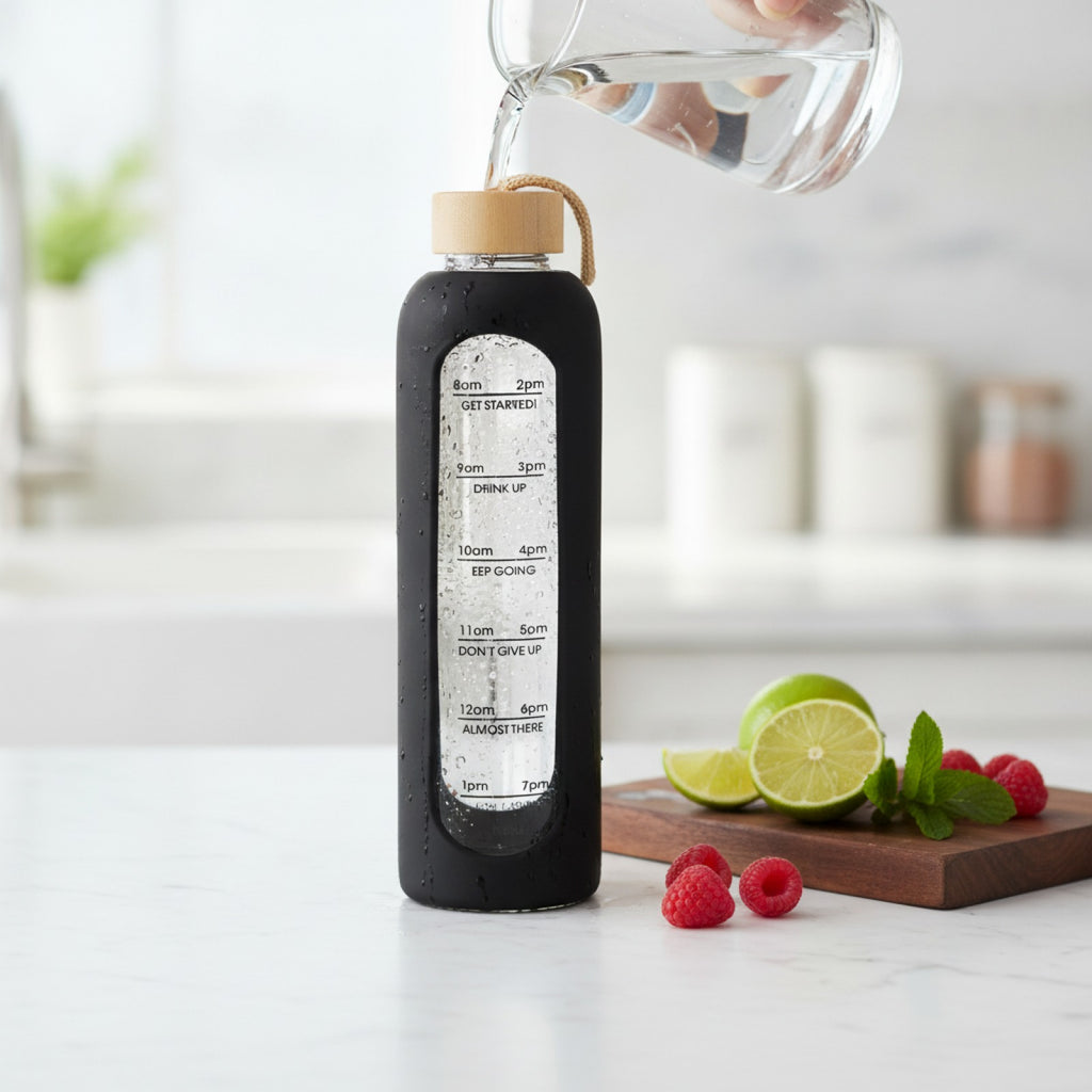 Bouteille Eau Verre 1L Marqueurs Temps