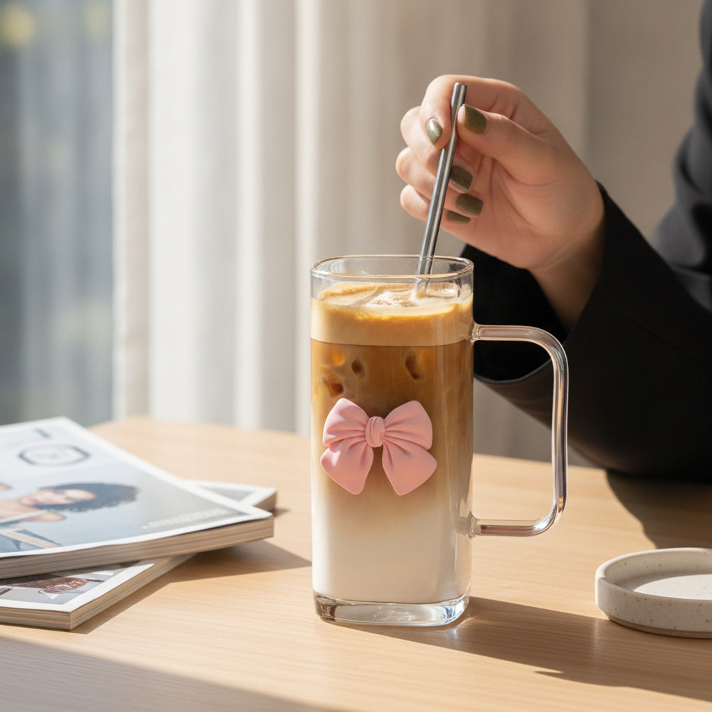 Gobelet Verre Papillon 400mL Paille Poignée